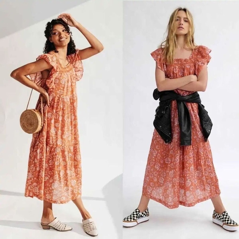 Free People Women's Bonita Floral Printed Flutter Sleeve Midi Dress size S